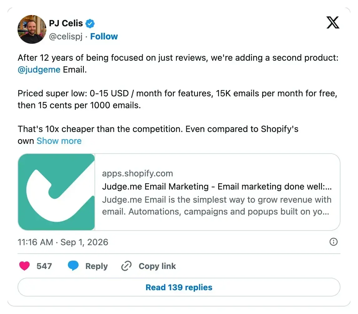 Tweet from Judge.me founder PJ Celis announcing Judge.me Email on September 1, 2026