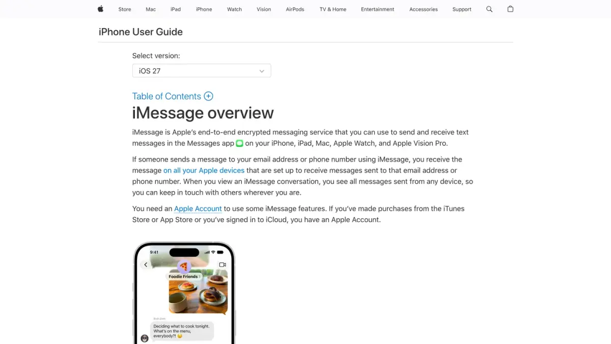 iPhone User Guide page from Apple Support presenting what iMessage is