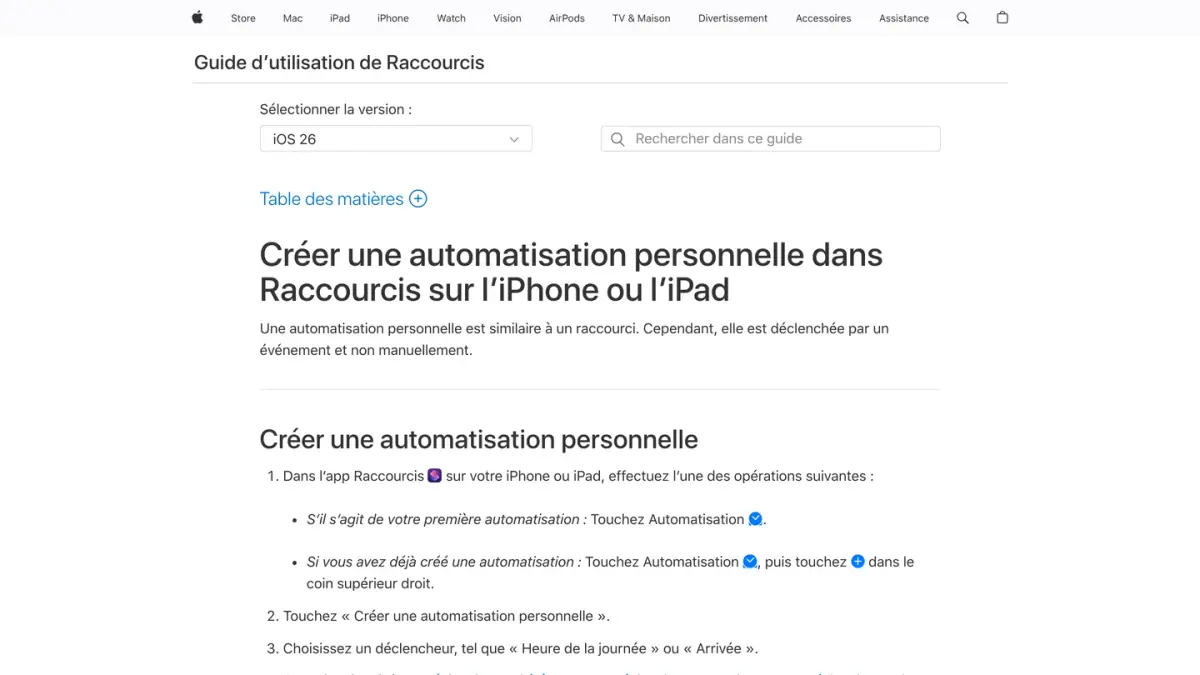 Page du guide de l'app Raccourcis d'Apple sur la création d'une automatisation personnelle