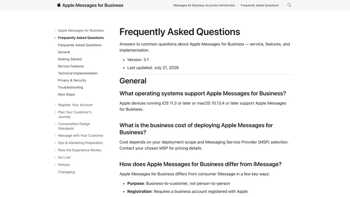 Apple Messages for Business FAQ, including the question about the business cost of deploying it