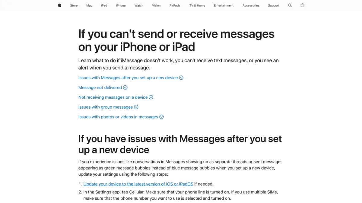 Apple Support page If you can't send or receive messages on your iPhone or iPad