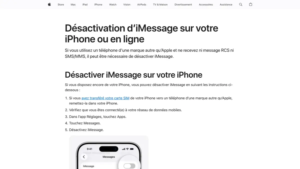 Page d'assistance Apple sur la désactivation d'iMessage quand on change de téléphone
