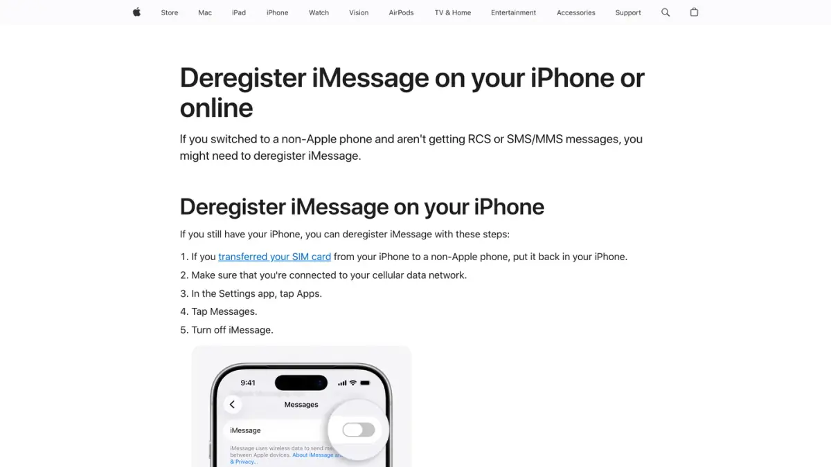 Apple Support page on deregistering iMessage when you switch to another phone