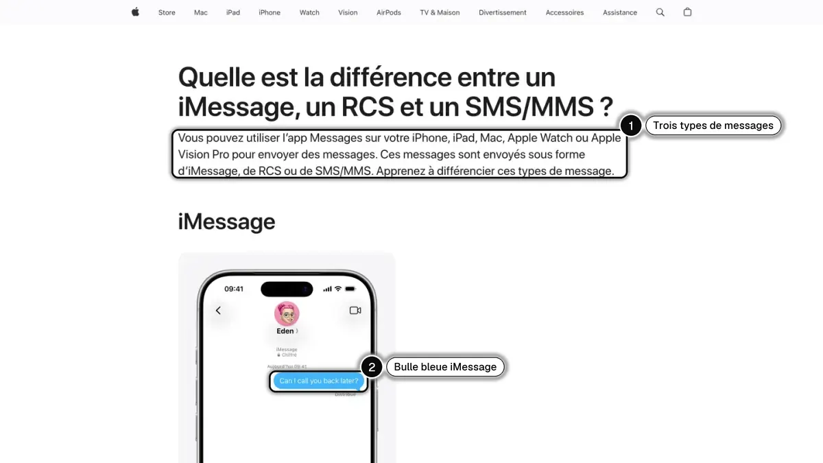 Page d'assistance Apple « Quelle est la différence entre un iMessage, un RCS et un SMS/MMS ? »