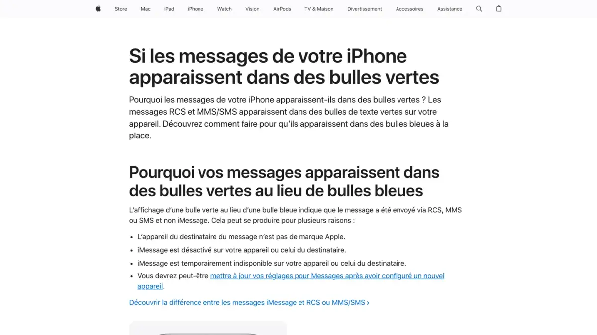 Page d'assistance Apple expliquant pourquoi les messages de l'iPhone apparaissent dans des bulles vertes