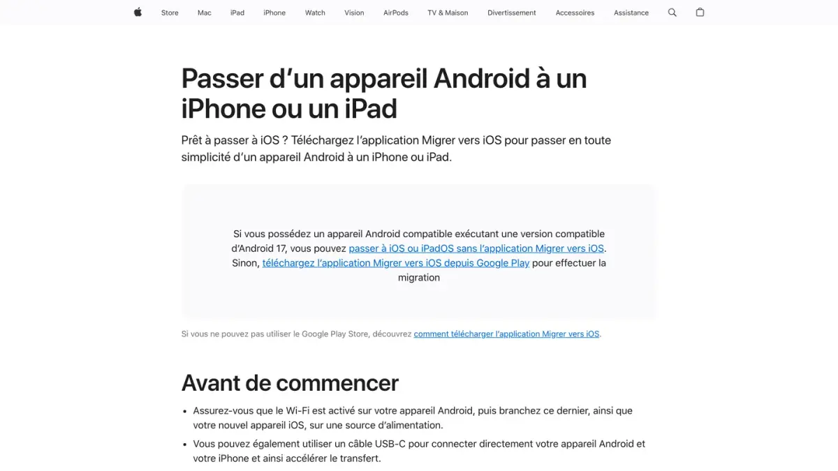 Page d'assistance Apple « Passer d'un appareil Android à un iPhone ou un iPad »