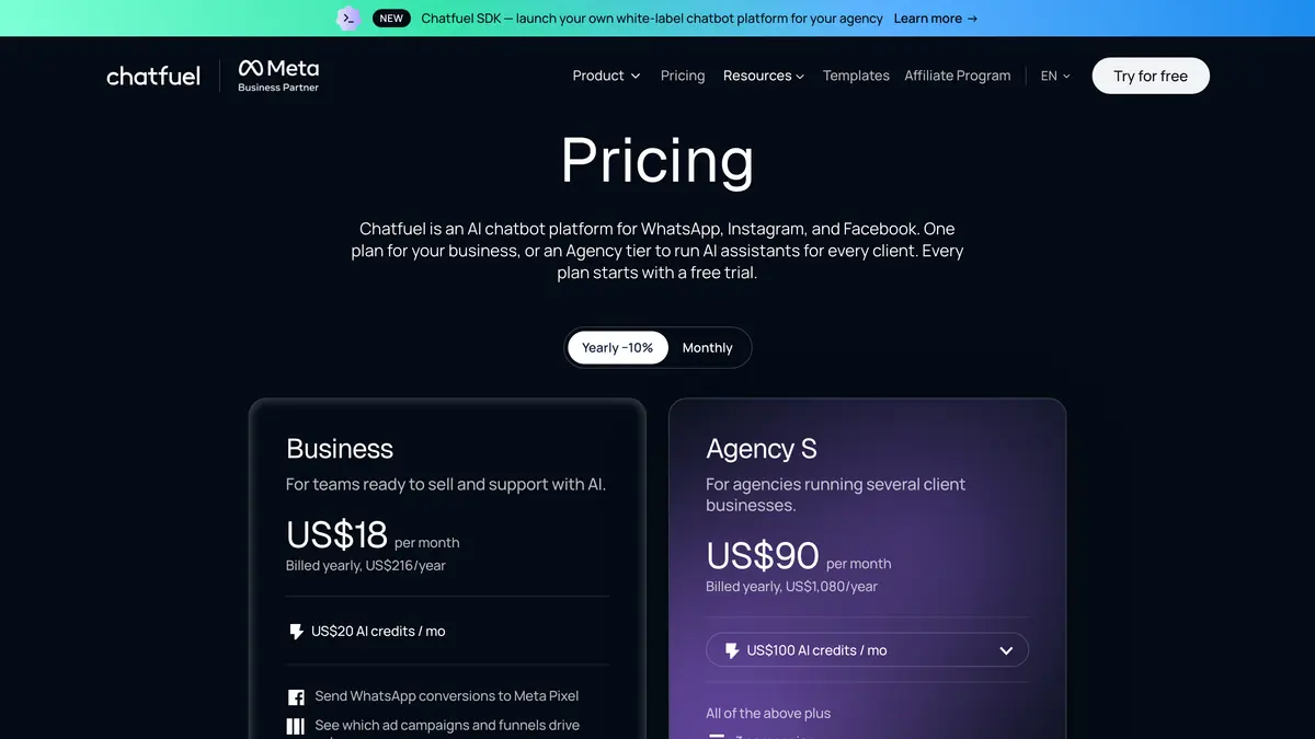 Chatfuel pricing page with the Business and Agency S plans and their monthly AI credits, October 2026