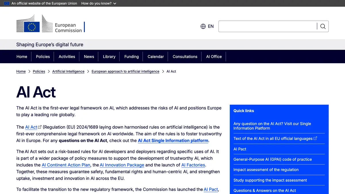 European Commission page on the AI Act, the EU legal framework for artificial intelligence