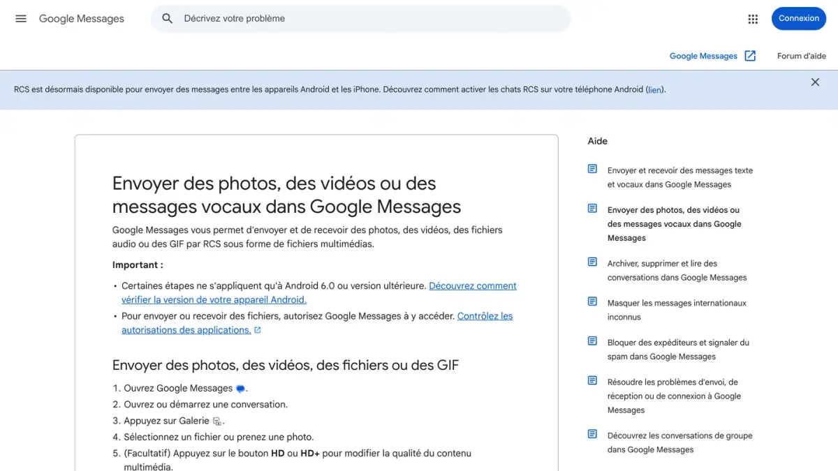 Page de l'aide Google Messages sur l'envoi de photos, de vidéos et de messages vocaux