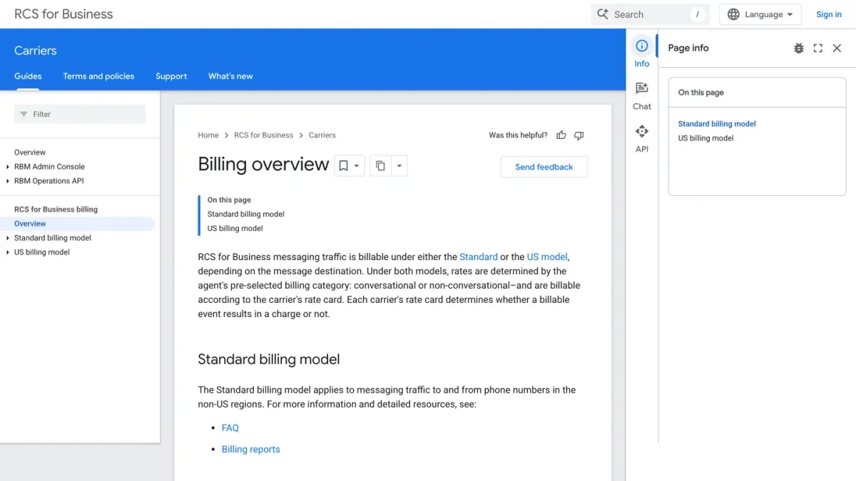 La présentation de la facturation du RCS for Business dans la documentation de Google