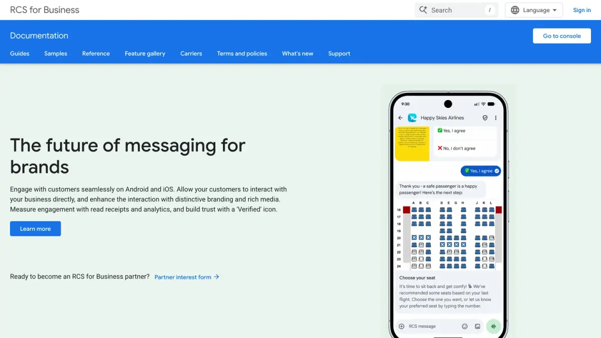 La documentation de Google pour les développeurs sur RCS for Business
