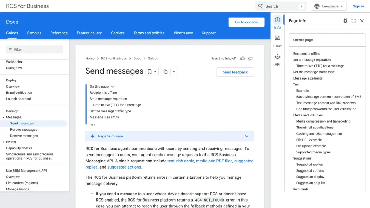 Google's RCS for Business documentation page on sending messages, with text, rich cards and suggestions