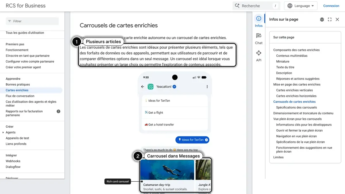 Documentation Google sur les carrousels de cartes enrichies RCS, avec leur usage (1) et un exemple dans Google Messages (2) encadrés
