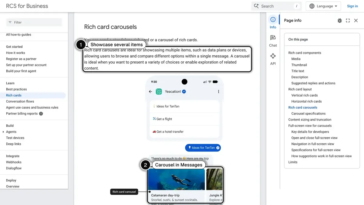 Google for Developers page on RCS rich card carousels, with their purpose (1) and an example carousel in Google Messages (2) highlighted