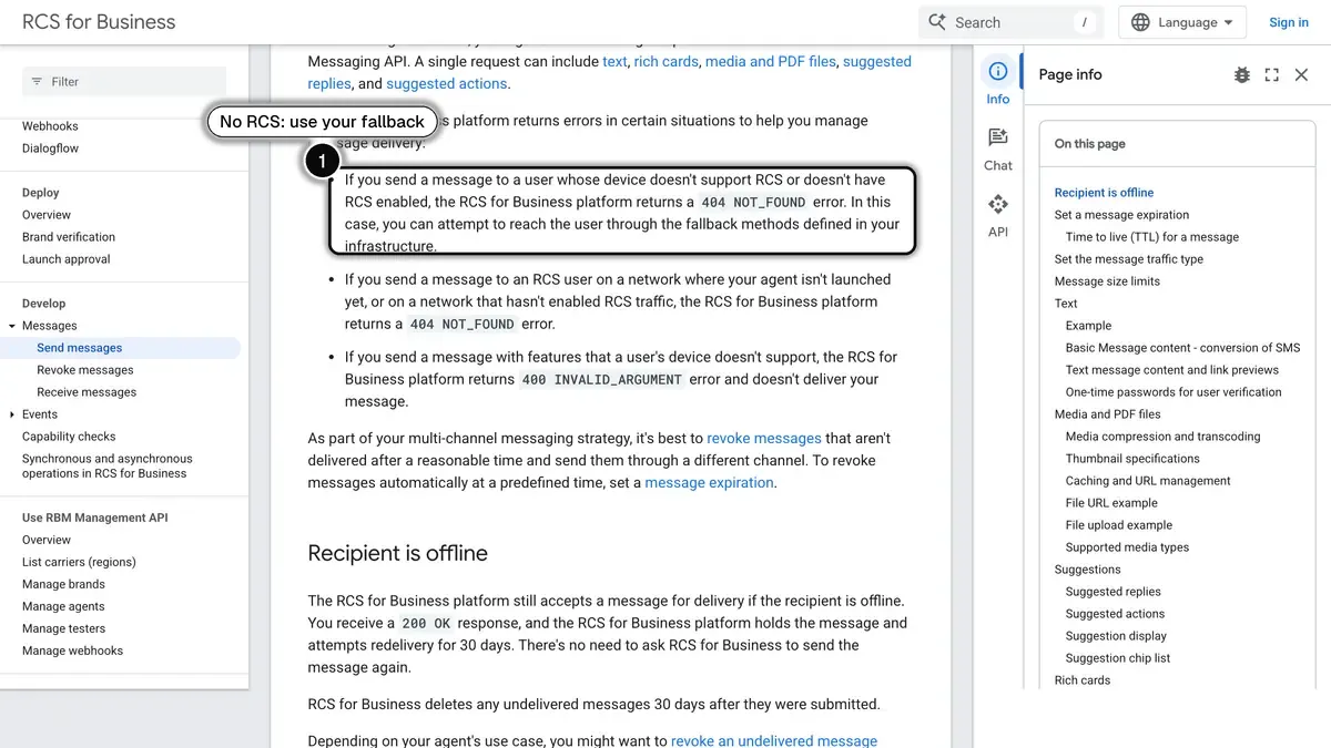 Google's RCS for Business guide on sending messages, with the error returned when a device does not support RCS and the advice to use a fallback (1)