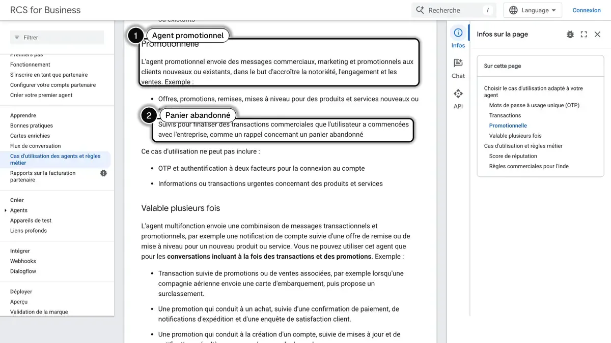 Documentation Google sur les cas d'utilisation des agents RCS, avec l'agent promotionnel (1) et le rappel de panier abandonné (2) encadrés