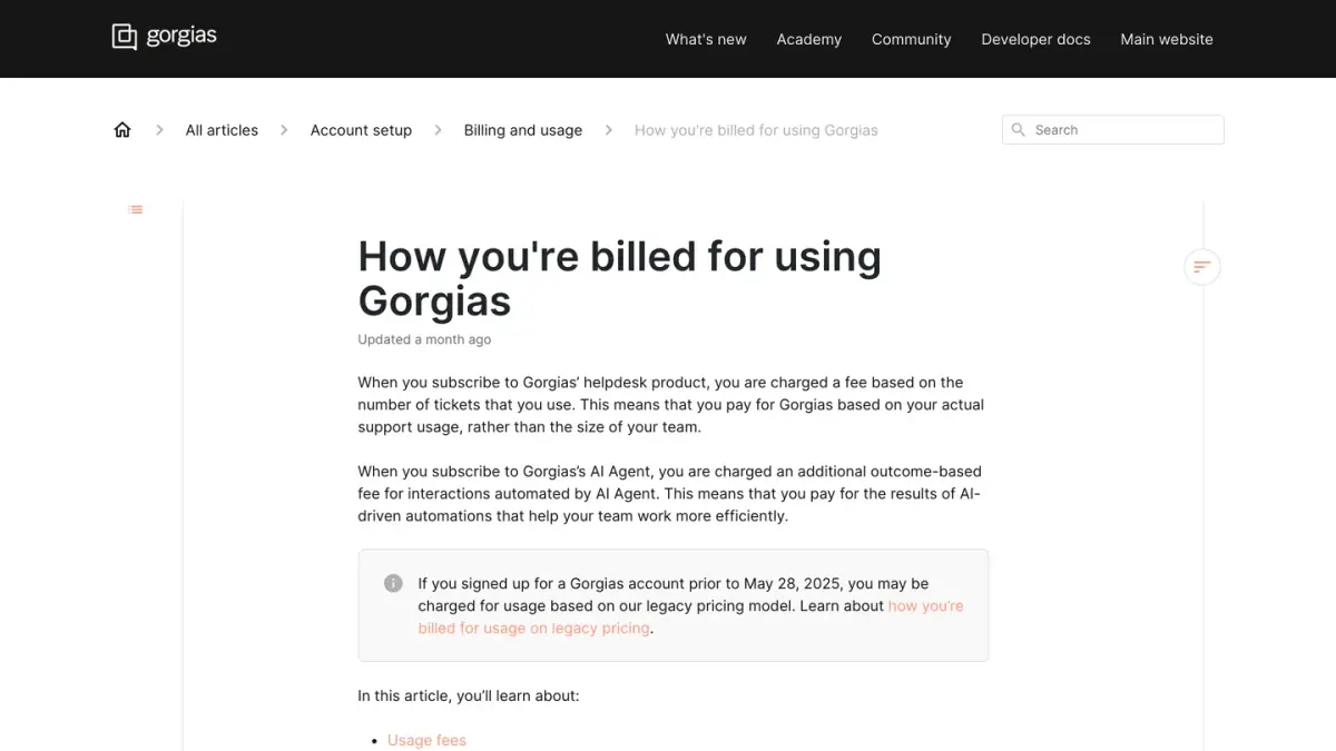 Gorgias documentation article explaining how accounts are billed for helpdesk tickets and AI Agent interactions