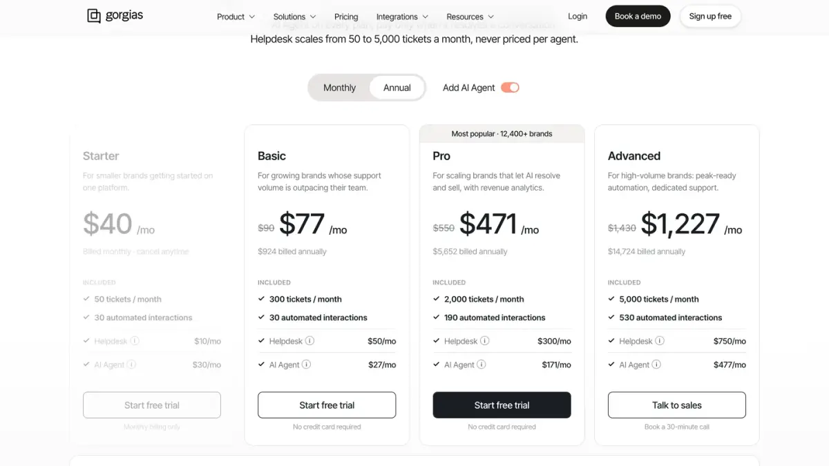 Gorgias pricing page with the Starter, Basic, Pro and Advanced plans, annual billing and AI Agent switched on
