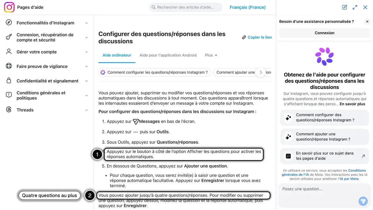 Page d'aide Instagram sur la configuration des questions/réponses dans les discussions, avec le bouton Afficher les questions (1) et la limite de quatre questions (2) en évidence