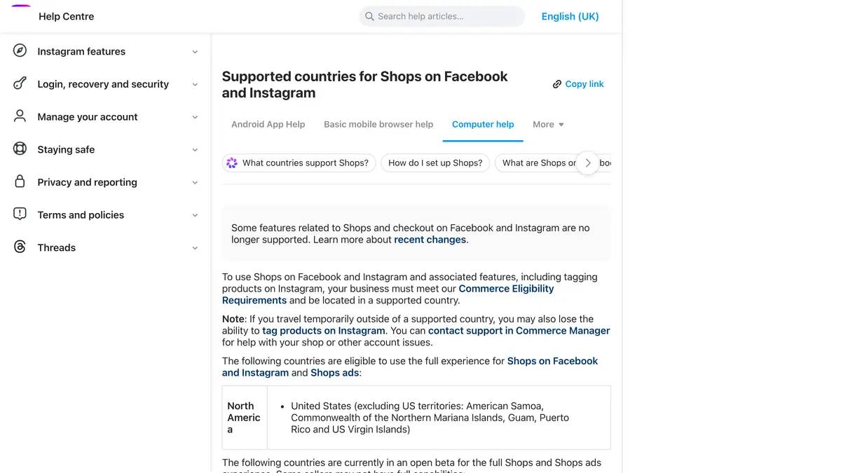 Instagram Help Center page listing the supported countries for Shops on Facebook and Instagram