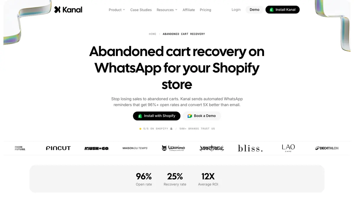 Kanal's abandoned cart recovery page for Shopify stores on WhatsApp