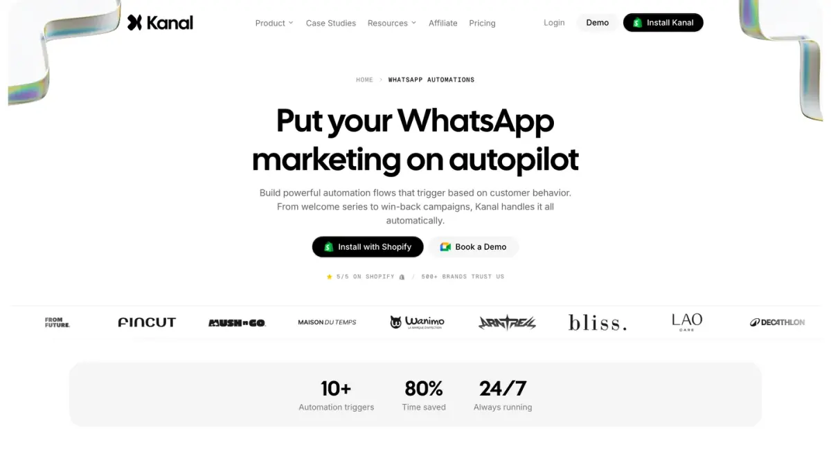 Kanal page for WhatsApp automations, flows that trigger messages based on customer behavior