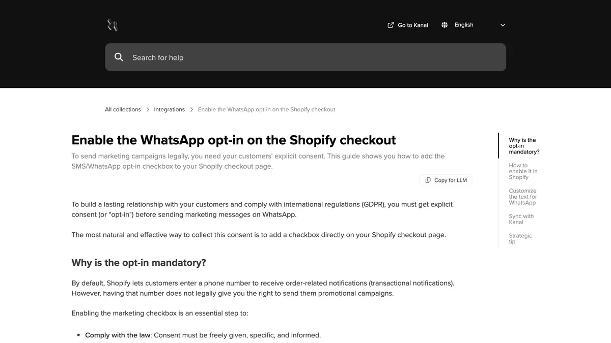 Kanal help center article on enabling the WhatsApp opt-in on the Shopify checkout