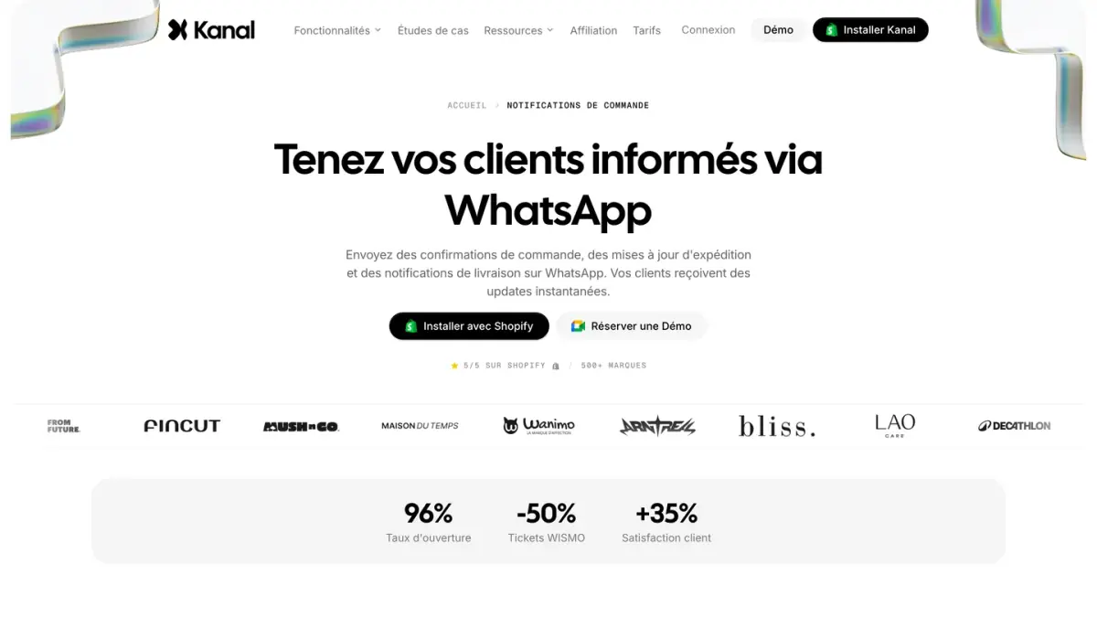 Page du site de Kanal consacrée aux notifications de commande sur WhatsApp