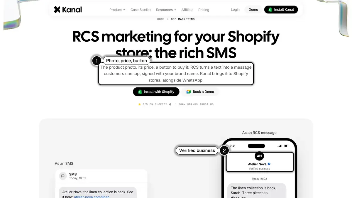Kanal RCS marketing page for Shopify stores, with the product photo, price and button promise (1) and the verified business header (2) highlighted