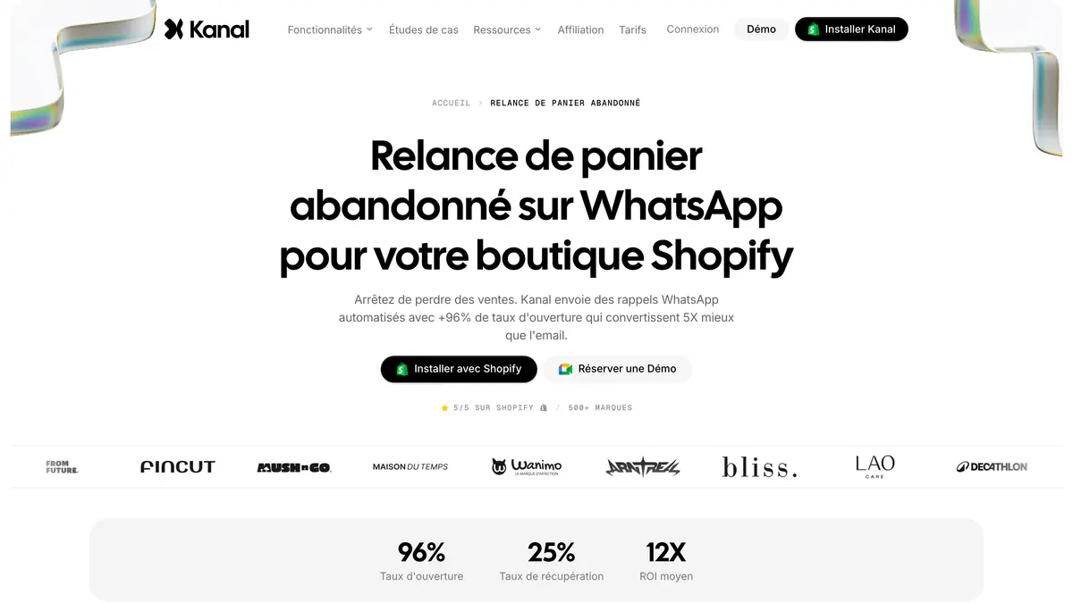 Page Kanal sur la relance de panier abandonné sur WhatsApp pour les boutiques Shopify