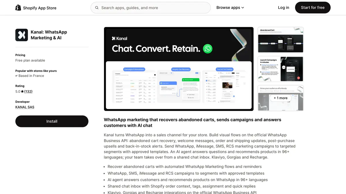 Kanal listing on the Shopify App Store with its 5.0 rating and description