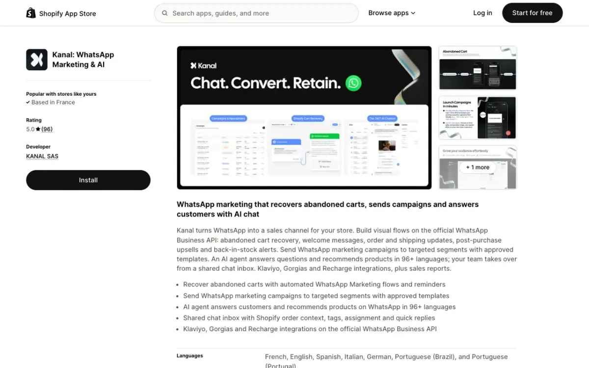 Kanal on the Shopify App Store, the WhatsApp marketing app for Shopify stores