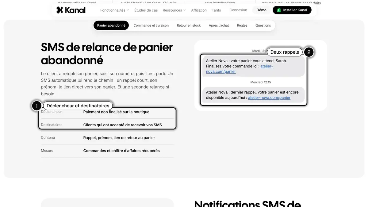 Page Kanal du SMS de relance de panier abandonné, avec le déclencheur et les destinataires (1) et les deux rappels (2) encadrés
