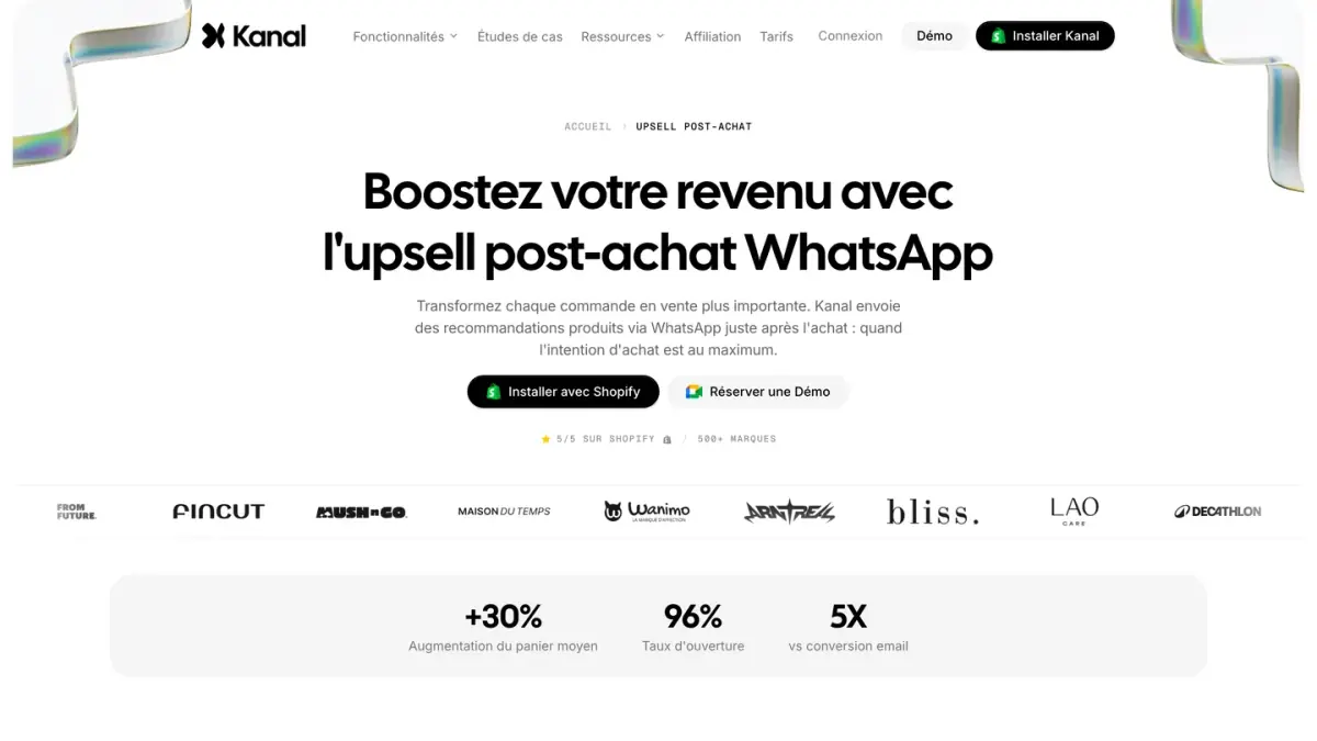 Page du site de Kanal consacrée à l'upsell après achat sur WhatsApp pour les boutiques Shopify