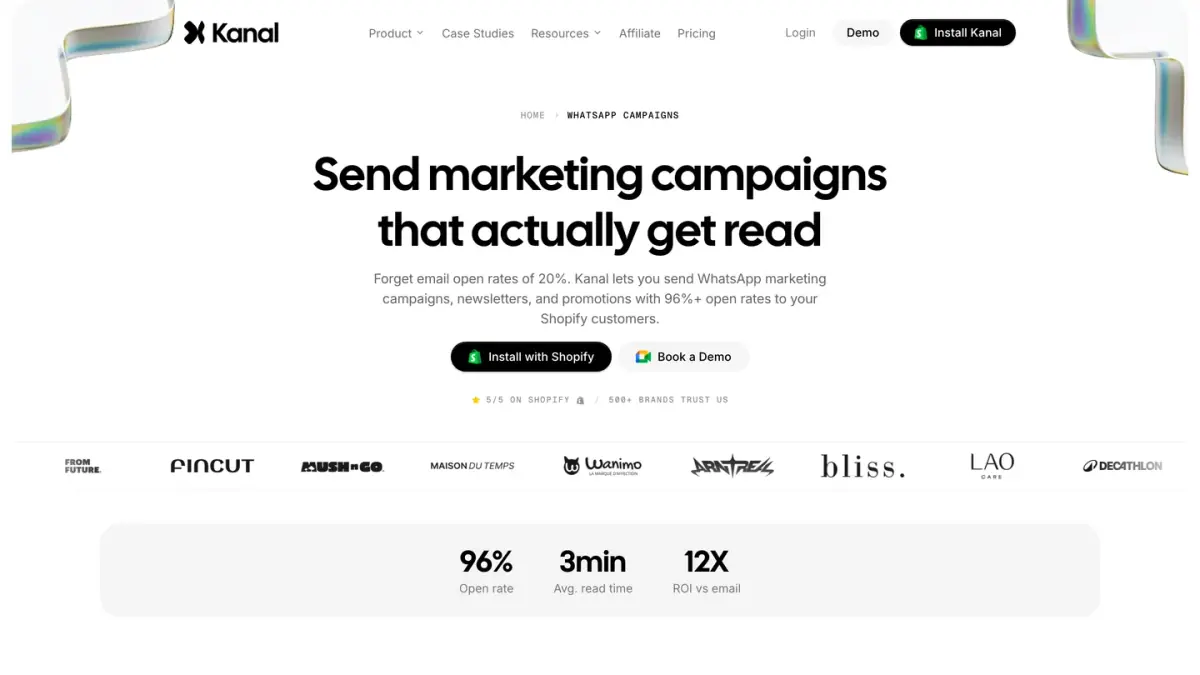 Kanal page for WhatsApp marketing campaigns sent to the opted in customers of a Shopify store