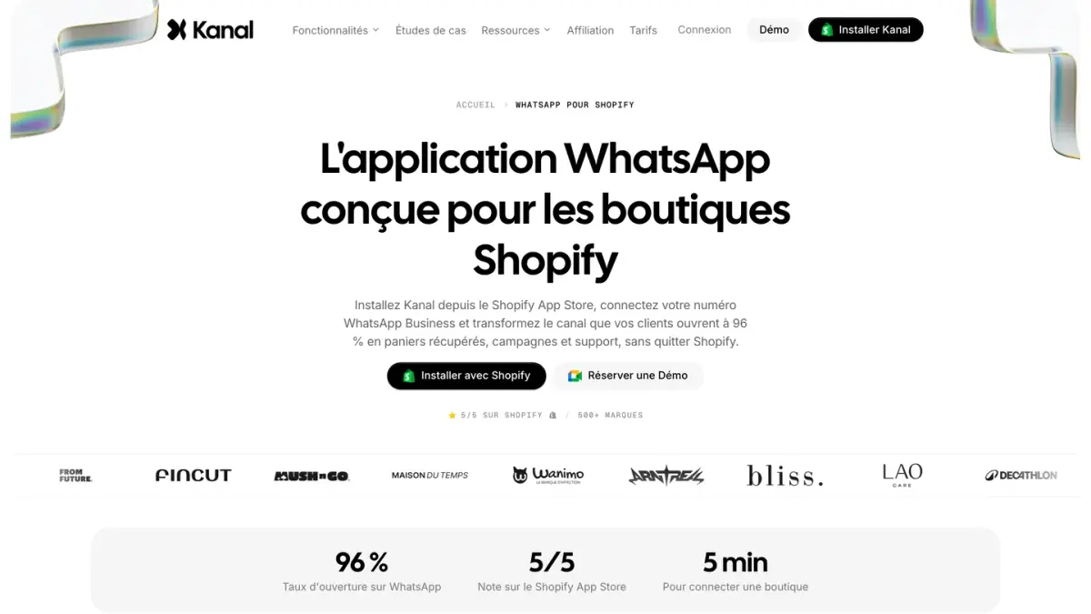 La page de Kanal, l'application WhatsApp conçue pour les boutiques Shopify
