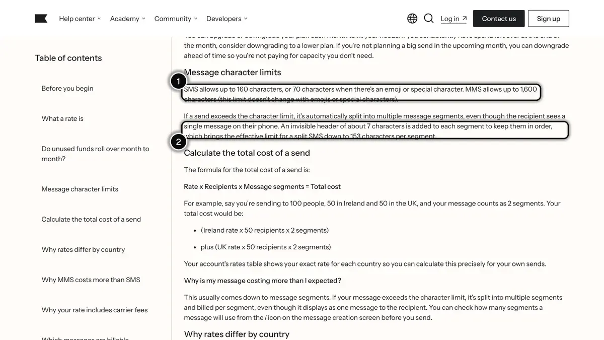 Klaviyo Help Center on SMS character limits: 160 characters, or 70 with an emoji (1), and 153 characters per segment once a text is split (2)