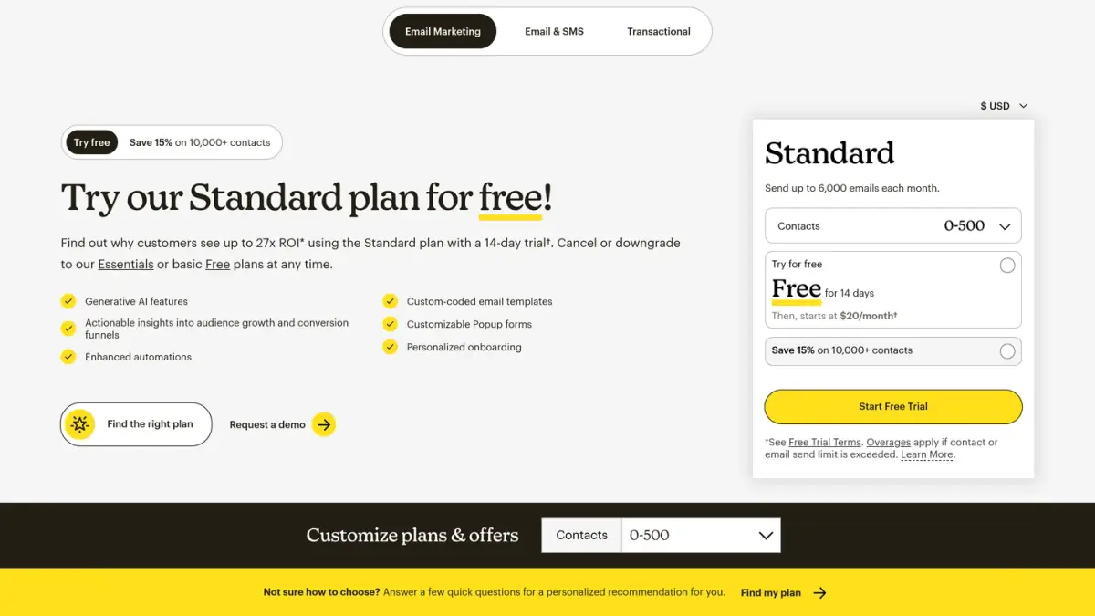 Mailchimp marketing pricing page showing the Standard plan for 500 contacts in US dollars