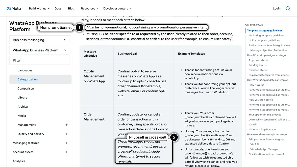 Les règles de Meta sur la catégorisation des modèles WhatsApp : un modèle utilitaire de gestion de commande ne doit pas faire d'upsell ni de cross-sell