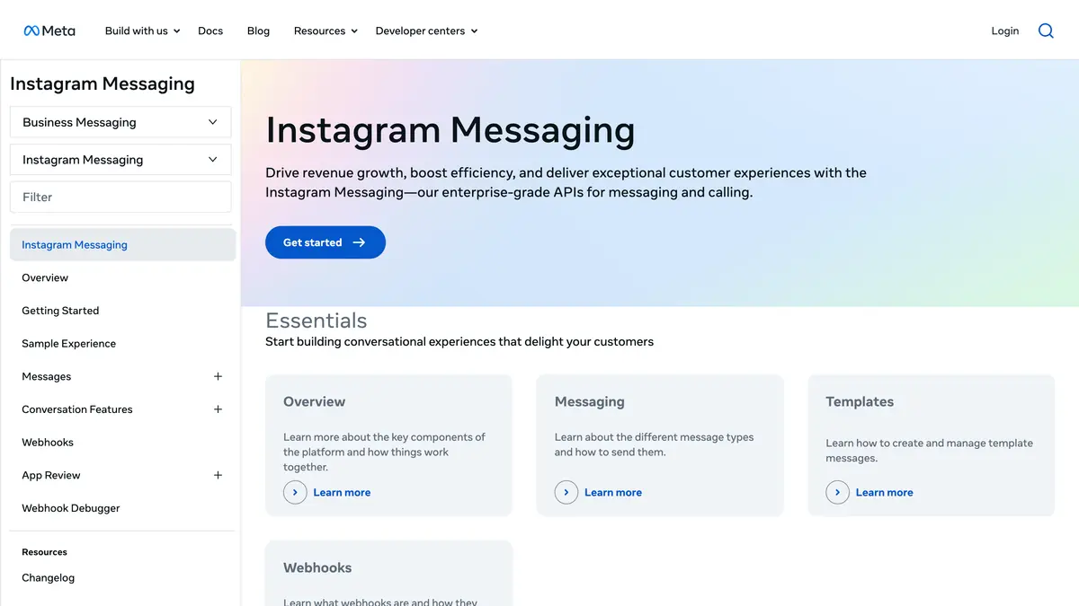 Meta developer documentation home page for Instagram Messaging, the official API behind DM automation