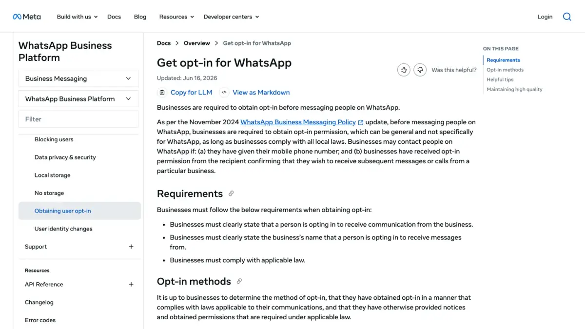 Page de Meta sur l'obtention du consentement avant d'écrire sur WhatsApp
