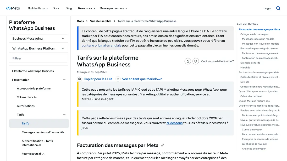 Page de la documentation Meta sur les tarifs de la plateforme WhatsApp Business, facturés par message