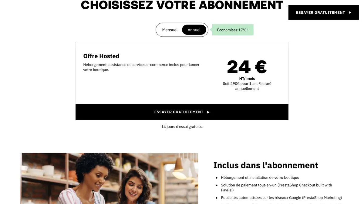 Page de l'offre PrestaShop Hosted avec le prix de l'abonnement annuel, 24 € HT par mois