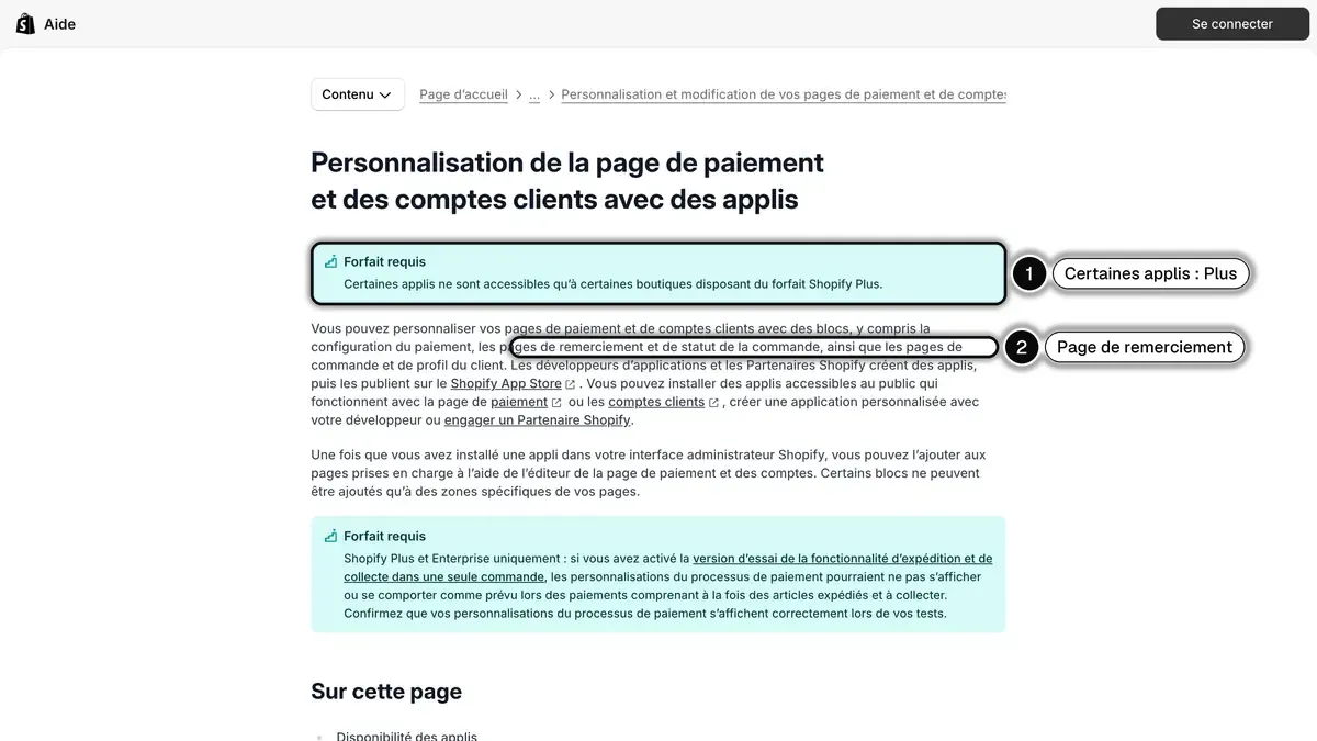 L'aide Shopify sur la personnalisation de la page de paiement avec des applis, avec la mention du forfait Shopify Plus et des pages de remerciement