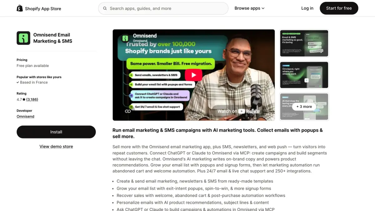 Omnisend Email Marketing and SMS app listing on the Shopify App Store with its rating and pricing