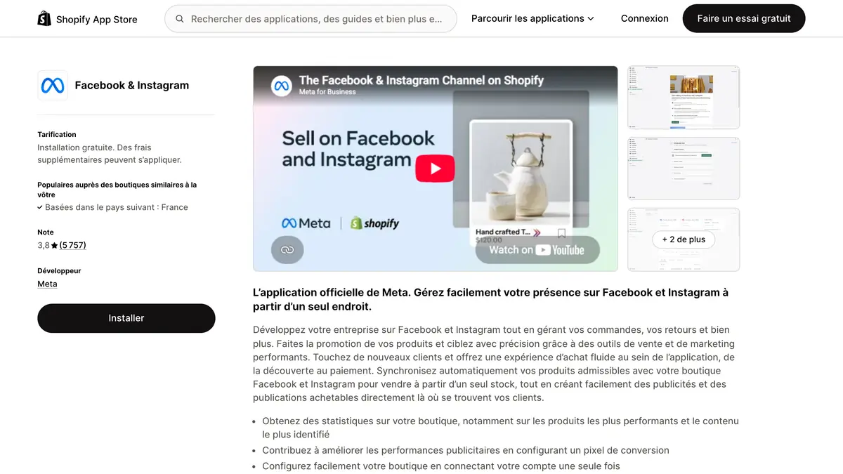 Fiche Facebook & Instagram sur le Shopify App Store, le canal de vente officiel publié par Meta