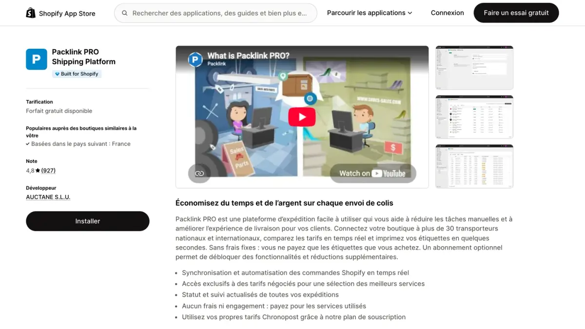 La fiche de l'application Packlink PRO sur le Shopify App Store en français