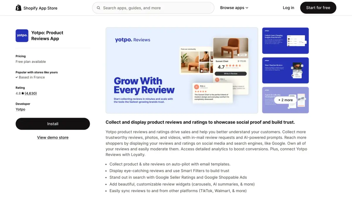 Yotpo Product Reviews app listing on the Shopify App Store with its rating and free plan mention