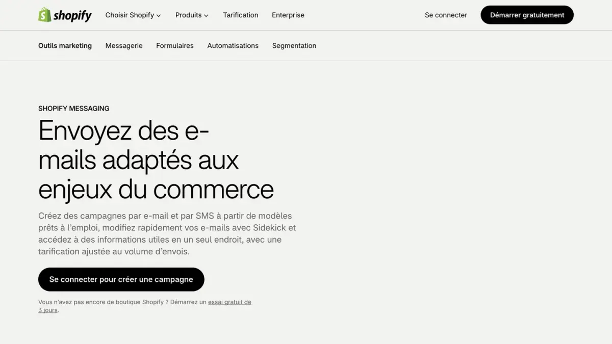 La page de présentation de Shopify Messaging pour les e-mails sur le site de Shopify France