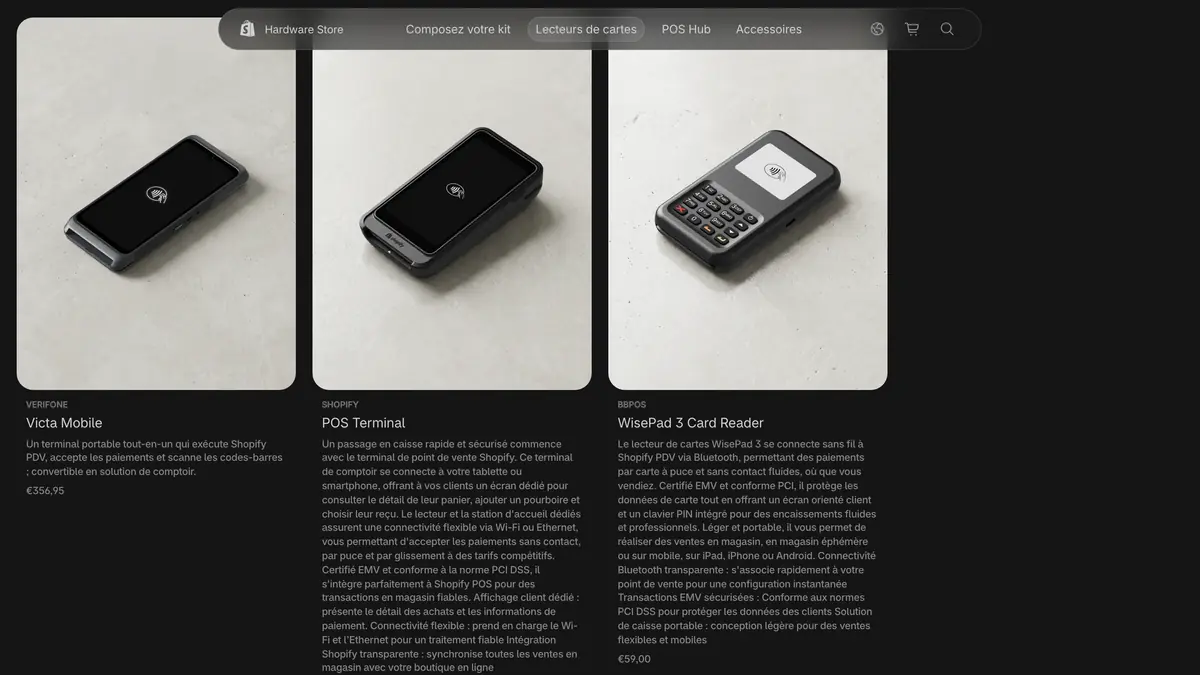 Lecteurs de cartes sur la boutique matériel Shopify pour la France, dont le WisePad 3 et le POS Terminal